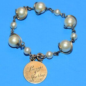 Vintage LESTAGE 12K GF Bracelet Faux Pearl Gold Filled Engraved Prom 56 50s